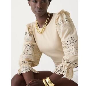 J. Crew Ruffle Trim Eyelet Top in Vintage Rib Pale Bone Size S